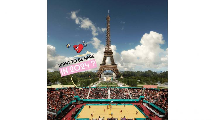 Das geplante Beach-Volleyball Venue vor dem Eifelturm. Grafik: Paris 2024