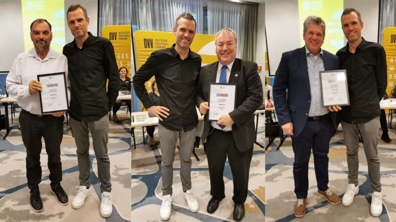Auf der MV wurden Richard Drechsel, Thomas Petigk und Dr. André Jungen (von links) von Präsident Markus Dieckmann geehrt. (Fotos: DVV)