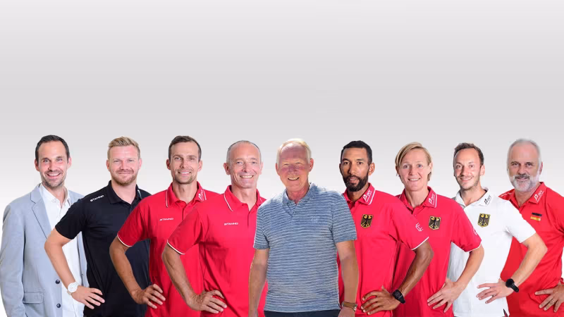 (v.l.n.r.) Niclas Hildebrand, Alexander Prietzel, Eric Koreng, Martin Olejnak, Jürgen Wagner, Imornefe Bowes, Helke Claasen, Fabian Tobias, Bernd Schlesinger; Collage: DVV